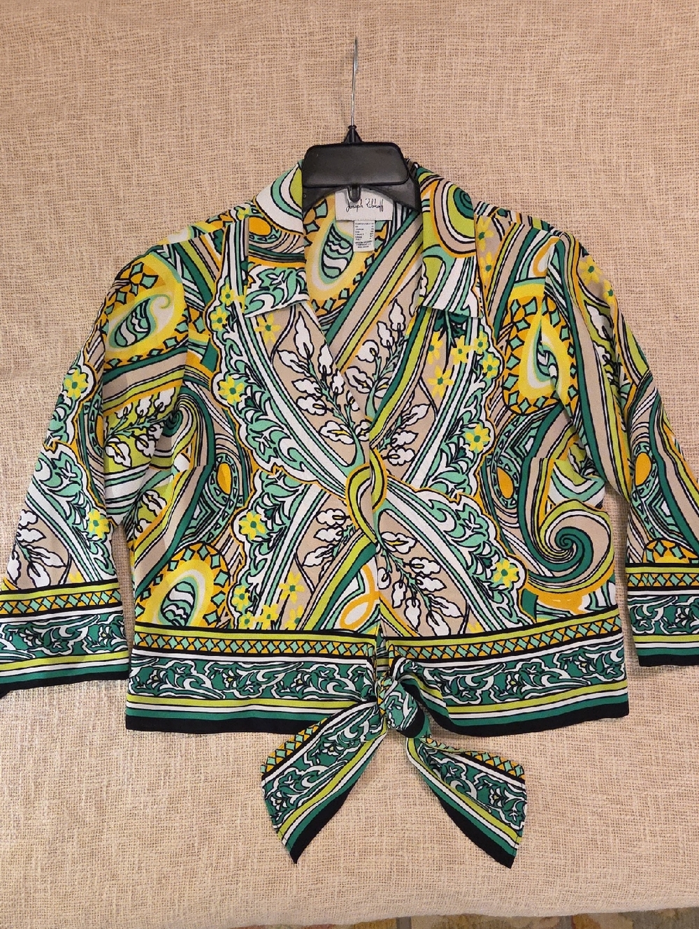 Joseph Ribkoff Green Yellow White Patterned Tie-Front Blouse